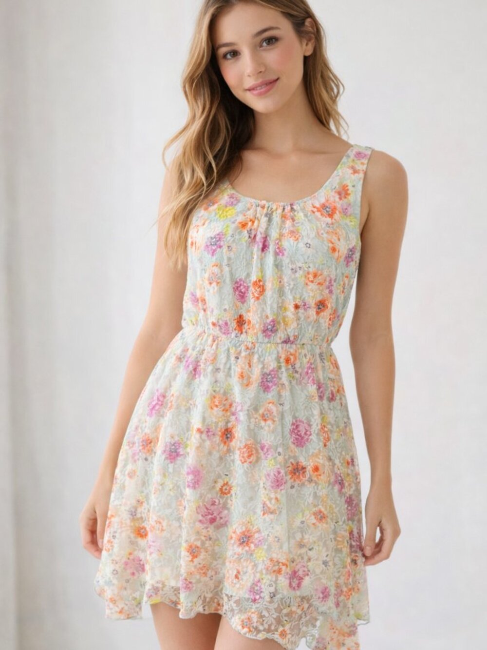 Floral flowy mini dress, summer high low casual watercolor